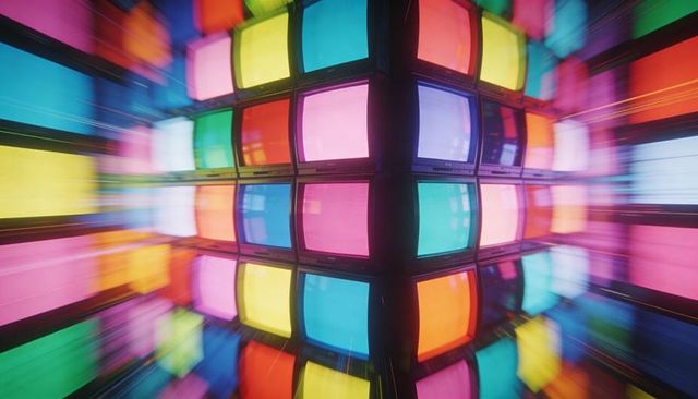 Glowing crt tower emitting neon color blocks retro television installation art in gallery