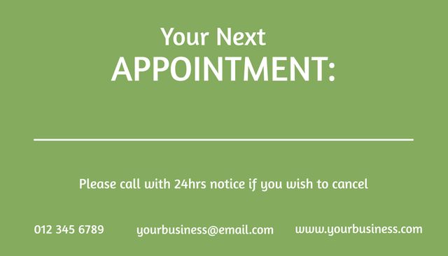 Green background appointment reminder card for business scheduling. Includes space for appointment details, contact number, email, and website. Ideal for businesses to keep customers informed about upcoming appointments and cancellations. Editable template suitable for healthcare, beauty salons, and professional services.