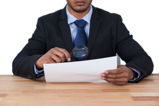 Businessman in suit and tie closely examining a document with a magnifying glass. Ideal for use in articles or presentations about business analysis, attention to detail, corporate scrutiny, or professional work environments.