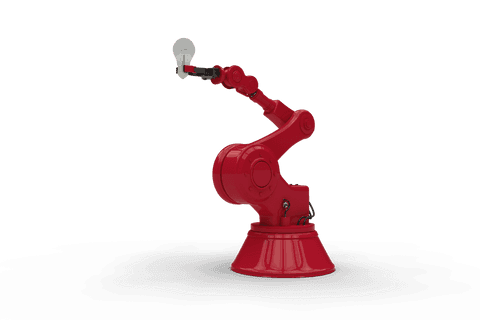 Red robotic arm holding lightbulb on transparent background