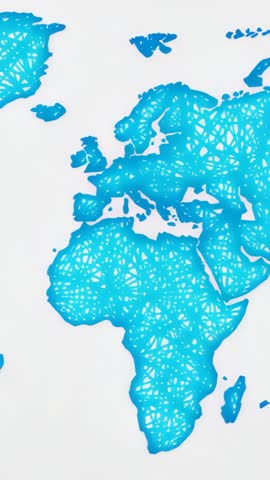 Vertical map animation highlighting glowing nodes across Europe and Africa digital network