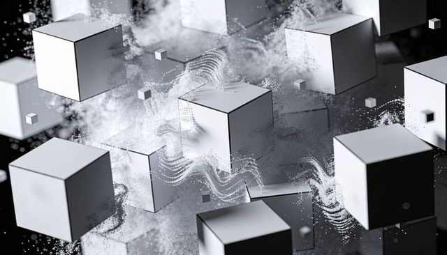 Floating monochrome cubes drifting through particle trails and flowing dot streams, 3D geometry