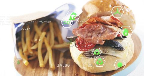 Crispy bacon burger with fries and green data overlay for food tech concept