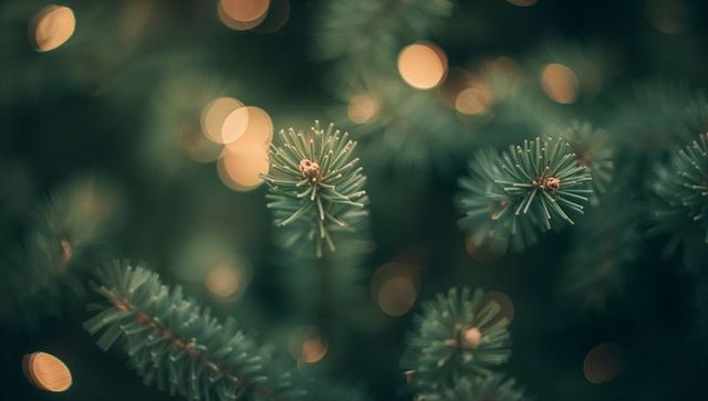 Fir needles glowing with warm bokeh lights, macro evergreen holiday background