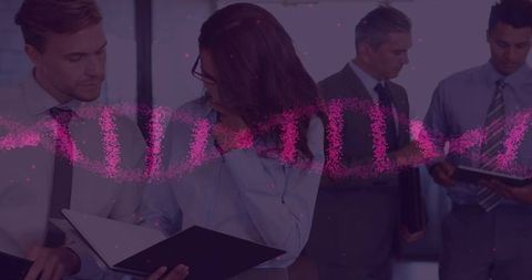 Business team reviewing documents and consulting tablet with pink dna helix overlay