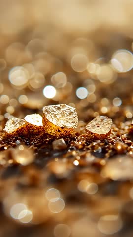 Macro vertical video showing golden crystal gems shimmering on brown grains with bokeh