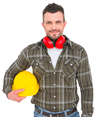 Confident Handyman Holding Yellow Helmet with Earmuffs on Transparent Background