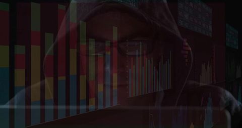 Hooded man analyzing digital stock data with futuristic interface