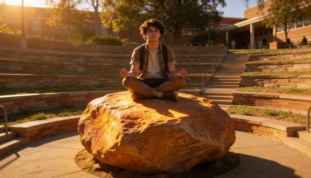 College student sitting meditating on sunlit boulder at campus amphitheater golden hour