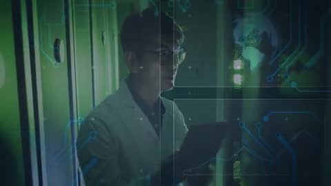 Engineer Analyzing Data in Futuristic Digital Environment