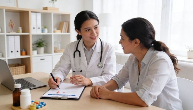 Female doctor consulting patient in bright clinic writing treatment plan on clipboard