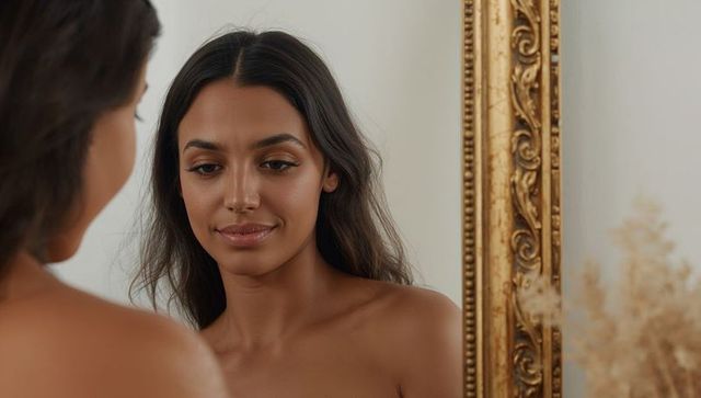 Admiring reflection in ornate gold mirror, bare-shouldered woman with pampas grass