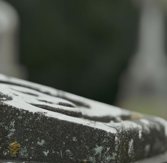 Close up of gray tombstone on cemetery and moss on blurred background. Memorial, faith and cemetery concept.