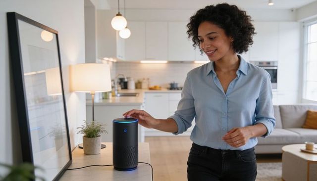 Smiling woman tapping smart speaker in modern open-plan kitchen for smart home living