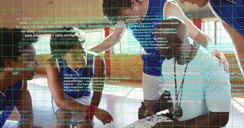 Coach drawing play during basketball team huddle with digital tactics overlay