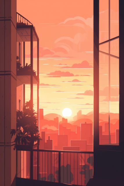 View of city at sunset with dramatic sky from an apartment balcony. Buildings bathed in warm hues of red and orange create a serene, picturesque scene perfect for promoting urban living, real estate, city tourism, or architectural design.
