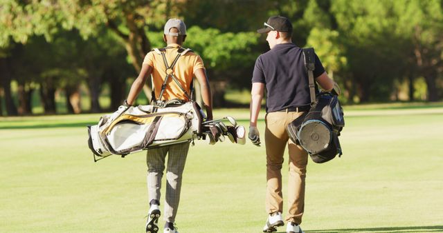 Image of back view of diverse male friends walking on golf field. sporty, active lifestyle and playing golf concept.