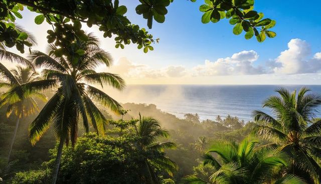 Framing coconut palms and misty coastline at golden hour from lush tropical hillside