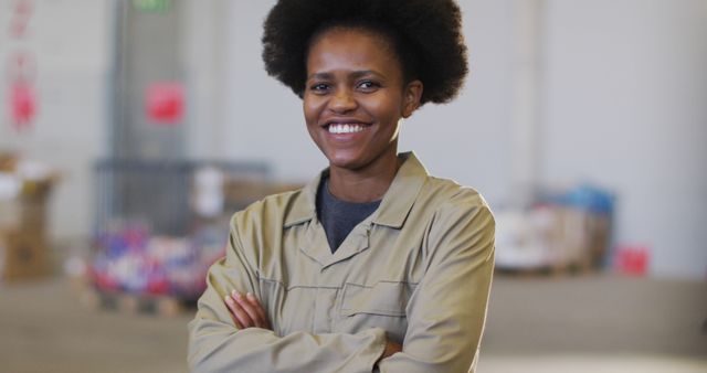 Confident Female Warehouse Worker Standing with Arms Crossed - Download Free Stock Images Pikwizard.com