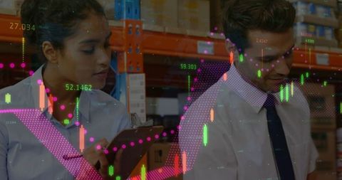 Business Professionals in Warehouse with Overlay of Stock Market Data