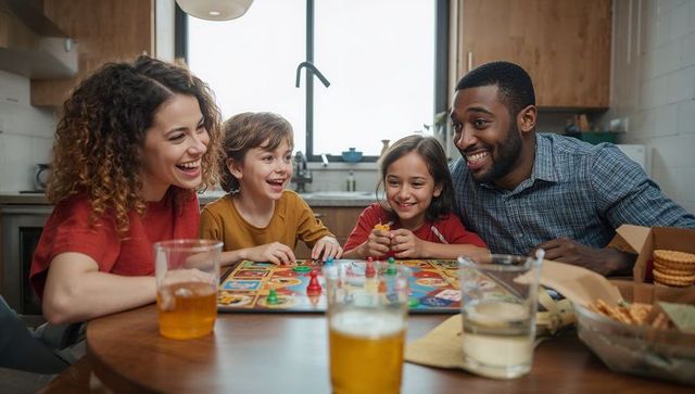 Diverse family enjoying board game in modern kitchen