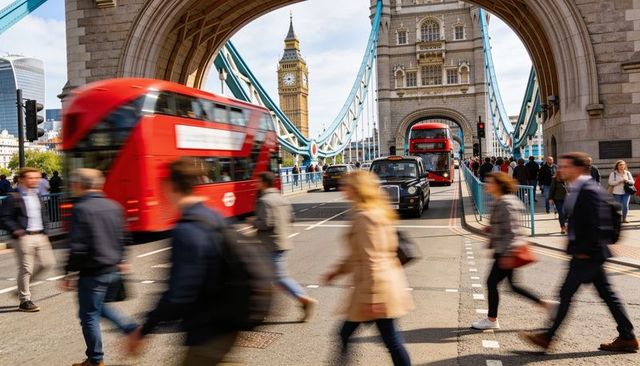 Tower bridge rush hour with red double-deck buses, black taxi and blurred commuters