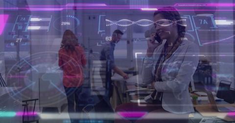 Businesswoman Communicating with Holographic Technology in Modern Office