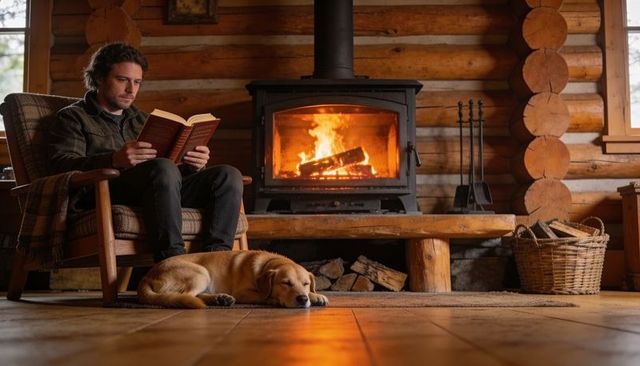 Man reading book in rustic log cabin by wood stove with sleeping dog, cozy fireside scene