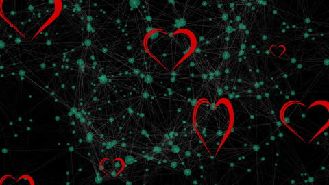 Heart Icons Connected by Digital Network