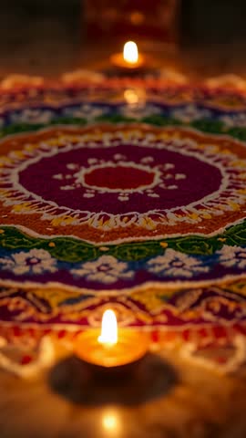 Vertical video capturing flickering diya flames illuminating vibrant rangoli for Diwali
