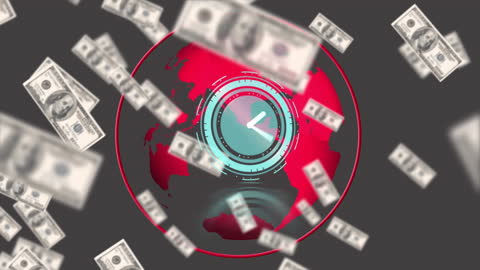 Floating Dollar Bills Around Globe with Clock Animation