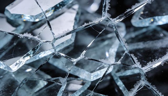 Frosted shattered glass macro showing geometric cracks and reflective ice-like shards