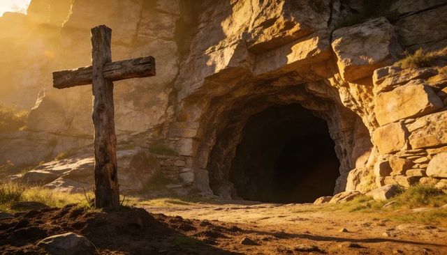 Sunlit cave entrance with weathered wooden cross on golden-hour trail