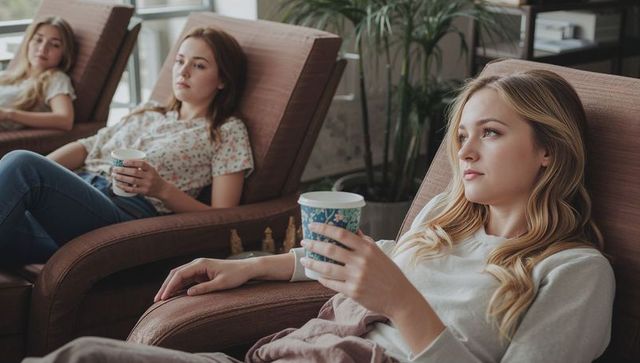 Women relaxing in lounge chairs holding cups, serene minimalist friends lifestyle scene
