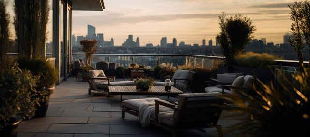 Luxurious Sunset Rooftop Terrace with City Skyline View - Download Free Stock Images Pikwizard.com