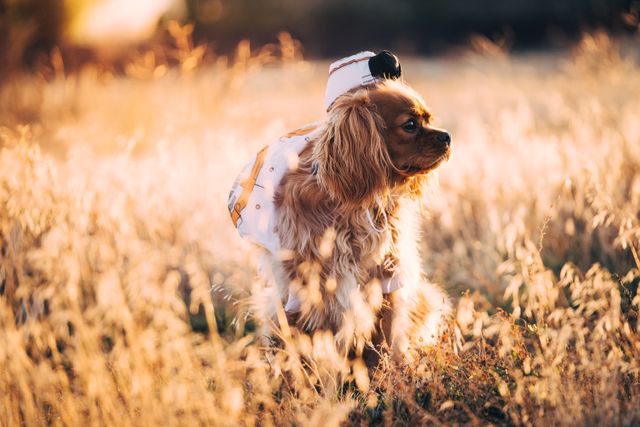 Golden retriever wearing Halloween costume during sunset in a grassy field. Great for Halloween-themed promotions, pet-related content, and autumn season campaigns. Evokes a sense of playfulness and seasonal charm.