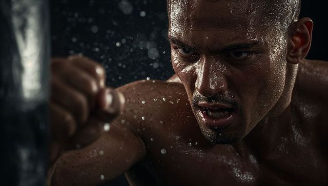 Intensity and Focus: Boxer Strikes with Precision in Dark Gym