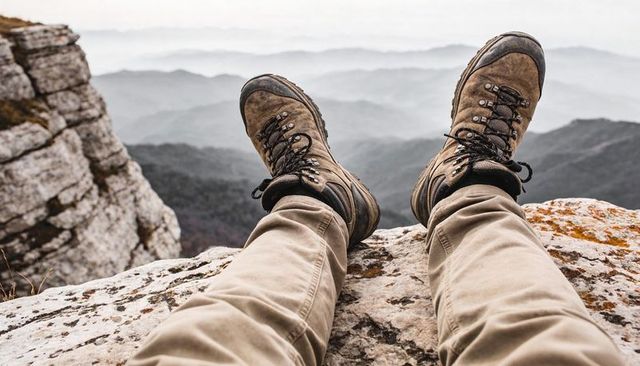 Hiker relaxing on cliff edge dangling boots over misty mountain ridges for adventure perspective