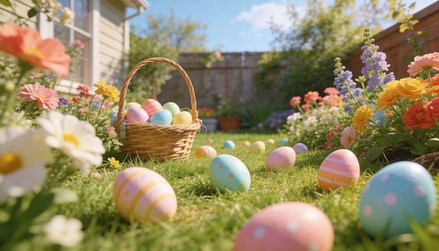 Sunlit backyard celebrating easter egg hunt with wicker basket and pastel eggs