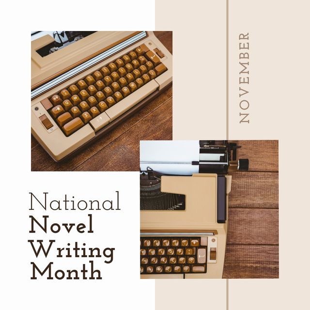 Square image of national novel writing month text with typewriters. National novel writing month campaign.