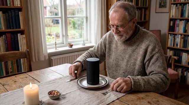 Senior man placing smart speaker on plate at rustic dining table for companionship