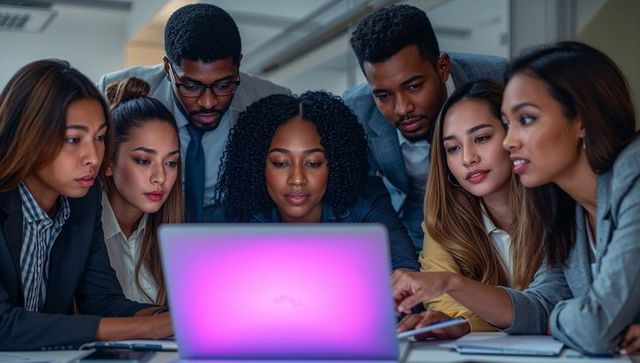 Diverse Business Team Analyzing Innovative Project on Laptop