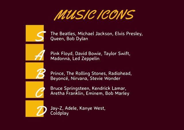 Tier list presenting iconic musicians and bands, excellent for generating discussions and debates on social media platforms. Each tier groups musicians by legendary status, ideal for posts, podcasts, blogs, or forums to engage audiences in ranking musical talents. Use it for fan engagement, surveys, or to promote music-related content.