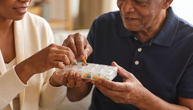 Couple managing daily medication with pill organizer, caregiver assisting older man
