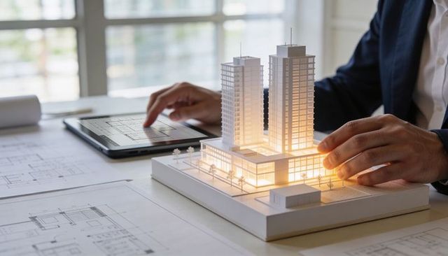 Architect presenting illuminated high-rise scale model with tablet plans and blueprints