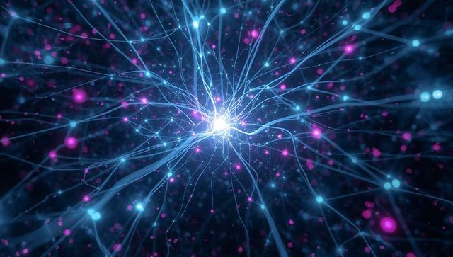 Radiating neon neural node emitting cyan filaments and magenta particles