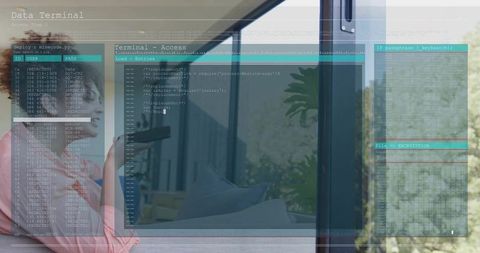 Talking Woman Holding Phone on Sofa in Sunny Modern Living Room with Code Interface Overlay