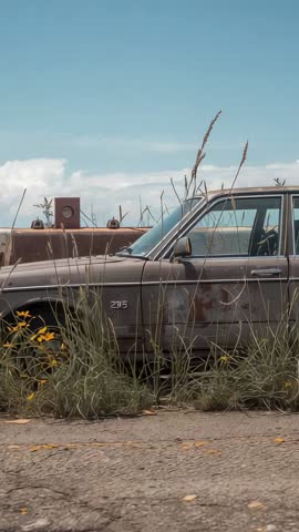 Swaying grasses around weathered vintage sedan by rusted structure, vertical video