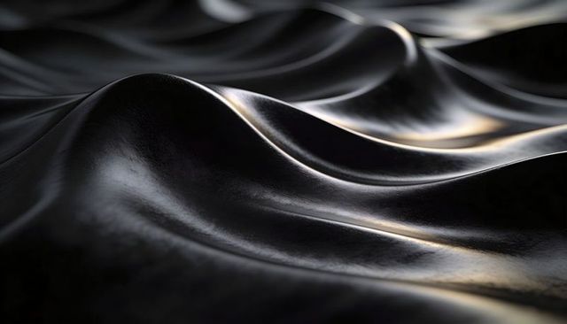 Glossy Black Satin Waves with Metallic Highlights and Reflective Undulating Texture