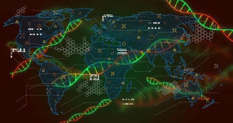 Futuristic World Map with DNA Helix and Digital Interface